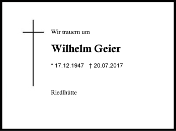 Traueranzeige von Wilhelm Geier von Region Berchtesgadener Land