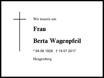 Traueranzeige von Berta Wagenpfeil von Region Berchtesgadener Land