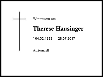 Traueranzeige von Therese Hausinger von Region Berchtesgadener Land