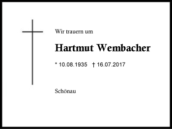 Traueranzeige von Hartmut Wembacher von Region Berchtesgadener Land