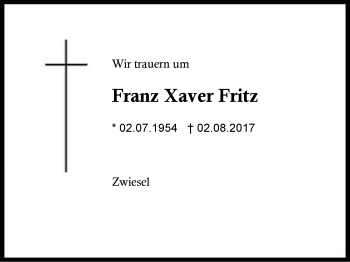 Traueranzeige von Franz Xaver Fritz von Region Berchtesgadener Land