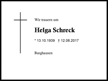 Traueranzeige von Helga Schreck von Region Berchtesgadener Land