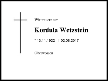 Traueranzeige von Kordula Wetzstein von Region Chiemgau