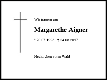 Traueranzeige von Margarethe Aigner von Region Berchtesgadener Land