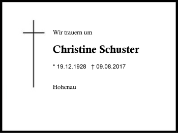 Traueranzeige von Christine Schuster von Region Berchtesgadener Land