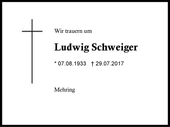 Traueranzeige von Ludwig Schweiger von Region Berchtesgadener Land