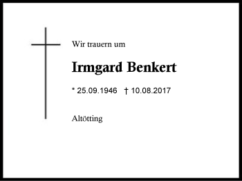 Traueranzeige von Irmgard Benkert von Region Berchtesgadener Land