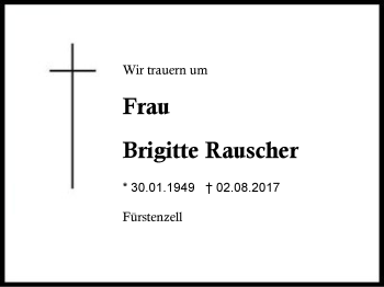 Traueranzeige von Brigitte Rauscher von Region Berchtesgadener Land