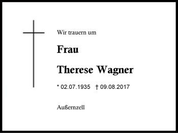 Traueranzeige von Therese Wagner von Region Berchtesgadener Land