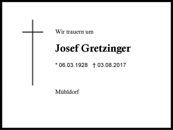 Traueranzeige von Josef Gretzinger von Region Berchtesgadener Land