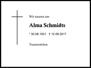 Traueranzeige von Alma Schmidts von Region Berchtesgadener Land