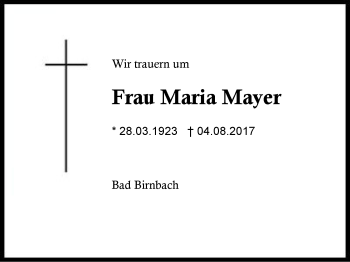 Traueranzeige von Maria Mayer von Region Berchtesgadener Land