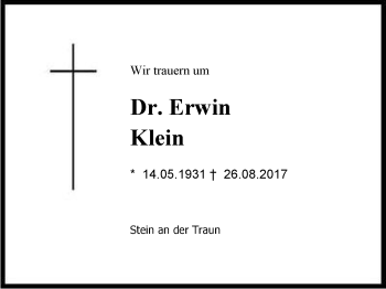 Traueranzeige von Dr. Erwin Klein von Region Chiemgau