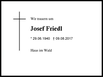 Traueranzeige von Josef Friedl von Region Berchtesgadener Land