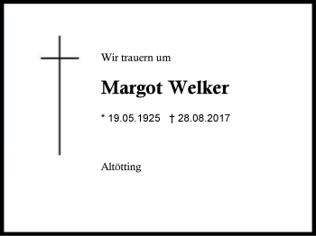 Traueranzeige von Margot Welker von Region Berchtesgadener Land