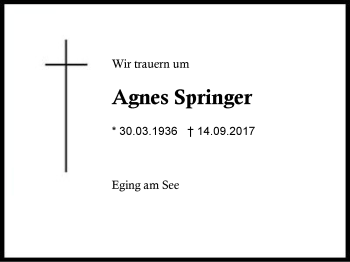 Traueranzeige von Agnes Springer von Region Berchtesgadener Land