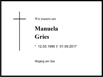 Traueranzeige von Manuela Gries von Region Chiemgau