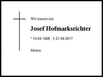 Traueranzeige von Josef Hofmarksrichter von Region Berchtesgadener Land