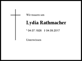 Traueranzeige von Lydia Rathmacher von Region Chiemgau