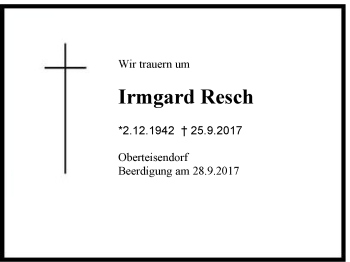 Traueranzeige von Irmgard Resch von Region Berchtesgadener Land