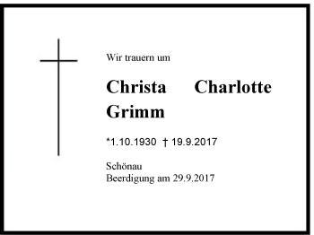 Traueranzeige von Christa Charlotte Grimm von Region Berchtesgadener Land