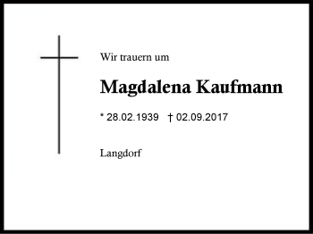 Traueranzeige von Magdalena Kaufmann von Region Berchtesgadener Land