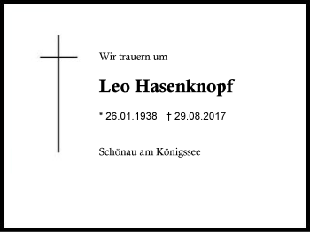 Traueranzeige von Leo Hasenknopf von Region Chiemgau