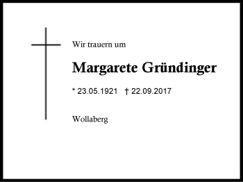 Traueranzeige von Margarete Gründinger von Region Berchtesgadener Land