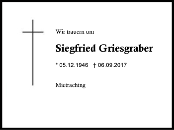 Traueranzeige von Siegfried Griesgraber von Region Berchtesgadener Land