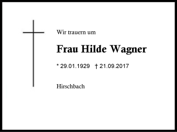 Traueranzeige von Hilde Wagner von Region Berchtesgadener Land