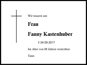 Traueranzeige von Fanny Kastenhuber von Region Berchtesgadener Land