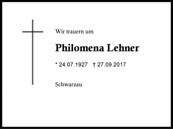 Traueranzeige von Philomena Lehner von Region Berchtesgadener Land