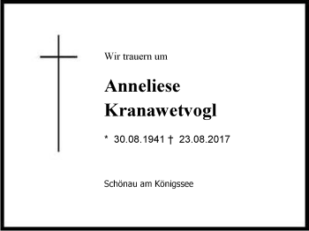 Traueranzeige von Anneliese Kranawetvogl von Region Berchtesgadener Land