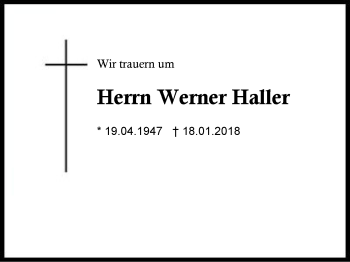 Traueranzeige von Werner Haller von Region Berchtesgadener Land