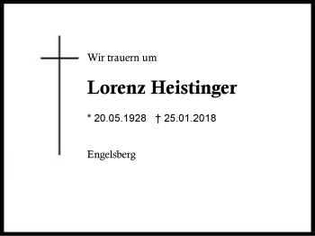 Traueranzeige von Lorenz Heistinger von Region Berchtesgadener Land