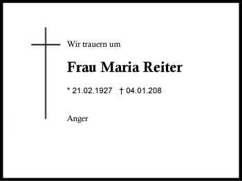 Traueranzeige von Maria Reiter von Region Berchtesgadener Land