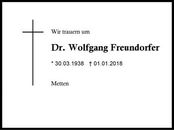 Traueranzeige von Wolfgang Freundorfer von Region Berchtesgadener Land