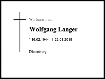 Traueranzeige von Wolfgang Langer von Region Berchtesgadener Land