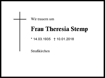 Traueranzeige von Theresia Stemp von Region Berchtesgadener Land