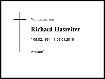 Traueranzeige von Richard Hasreiter von Region Berchtesgadener Land