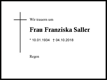 Traueranzeige von Franziska Saller von Region Berchtesgadener Land