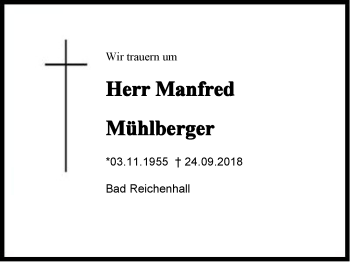 Traueranzeige von Manfred Mühlberger von Region Berchtesgadener Land