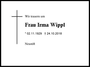 Traueranzeige von Irma Wippl von Region Berchtesgadener Land