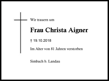 Traueranzeige von Christa Aigner von Region Berchtesgadener Land