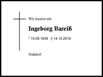 Traueranzeige von Ingeborg Bareiß von Region Chiemgau