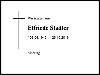 Traueranzeige von Elfriede Stadler von Region Berchtesgadener Land