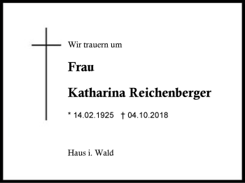 Traueranzeige von Katharina Reichenberger von Region Berchtesgadener Land