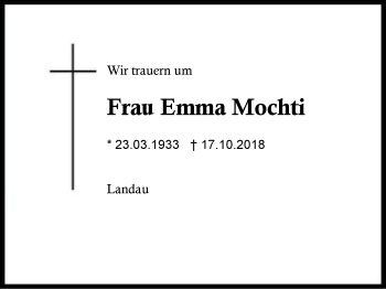 Traueranzeige von Emma Mochti von Region Berchtesgadener Land