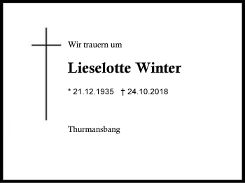 Traueranzeige von Lieselotte Winter von Region Berchtesgadener Land