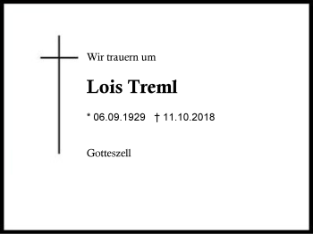 Traueranzeige von Lois Treml von Region Berchtesgadener Land